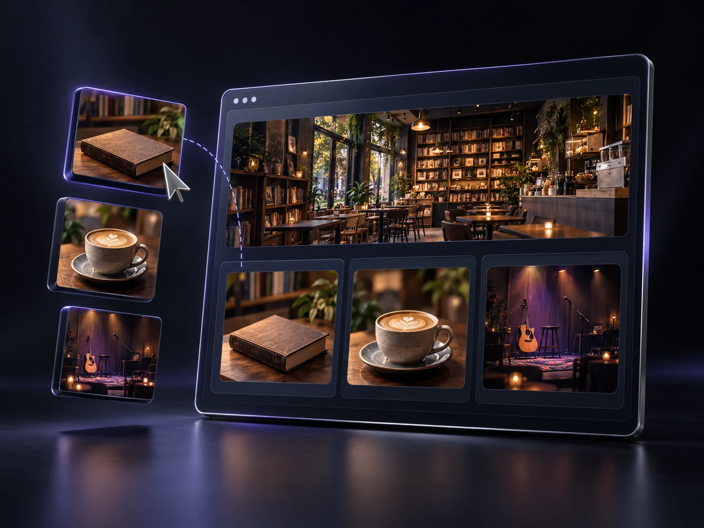 A digital page being assembled from photos of a book, coffee and a live event.